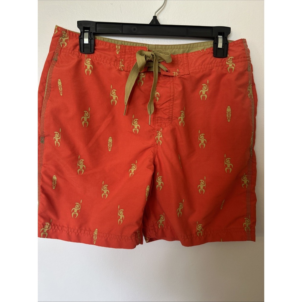 Reyn Spooner Swim Trunks Men's 30 Pockets Drawstring Orange Tiki Warriors Print